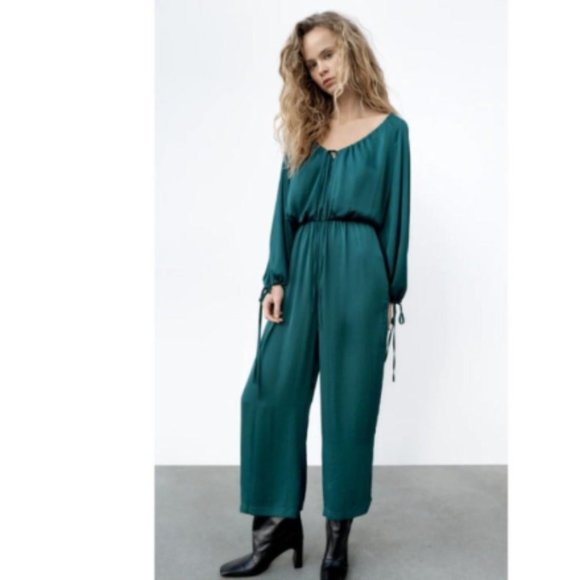 Zara V-Neck Satin Effect Jumpsuit Teal Sz XS NWT - Picture 5 of 10